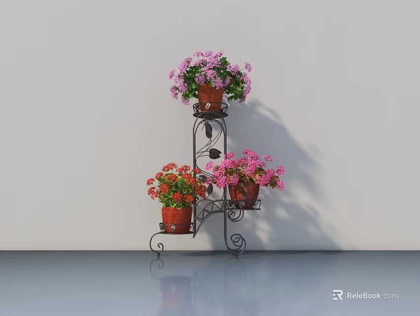 Colorful Potted Plants on Black Iron Stand with Purple and Pink Flowers Against White Wall 3d model 