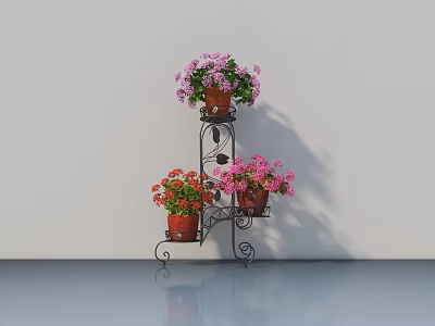 Colorful Potted Plants on Black Iron Stand with Purple and Pink Flowers Against White Wall 3d model