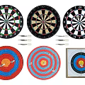 Sports Equipment Including Dartboards And Woven Target Boards With Darts Various Colors And Designs