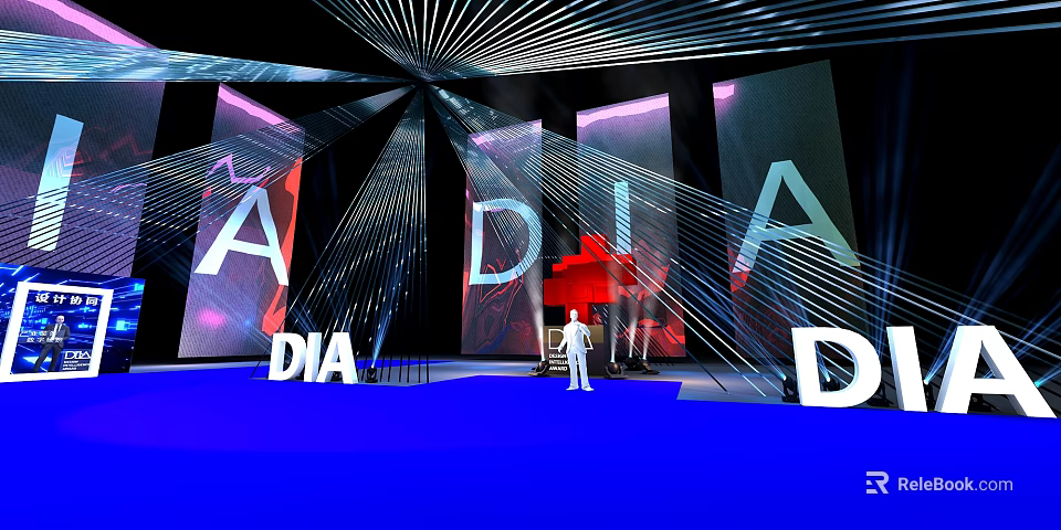 DIA Event Scene With Radial Lines Purple Blue Background And Human Figure Standee 3d model 