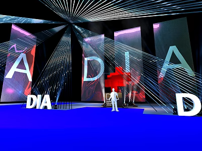 DIA Event Scene With Radial Lines Purple Blue Background And Human Figure Standee 3d model