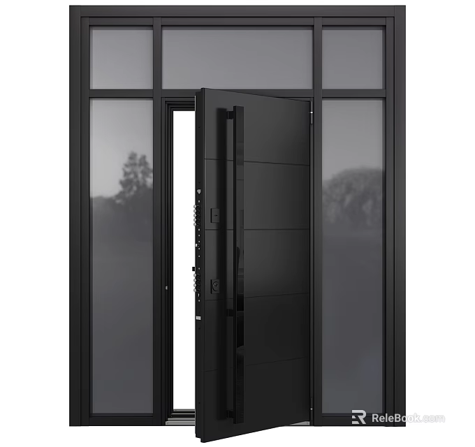 Modern Black Hinged Door With Glass Panels And Sturdy Metal Frame 3d model 