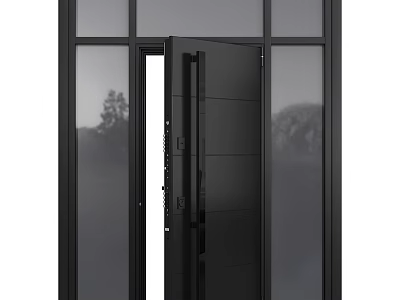 Modern Black Hinged Door With Glass Panels And Sturdy Metal Frame 3d model
