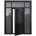 Modern Black Hinged Door With Glass Panels And Sturdy Metal Frame