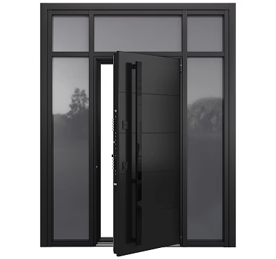 Modern Black Hinged Door With Glass Panels And Sturdy Metal Frame 3d model