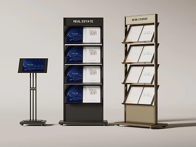 Black and Gold Real Estate Display Shelves with Brochures and Digital Information Screen 3d model