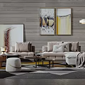 Modern Elegant Sofa Coffee Table Set With Light Colored Upholstery Throw Pillows And Wall Art 3d model