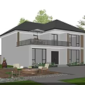 Stylish Two Story Detached Villa Exterior With Dark Roof Large Windows Balcony And Greenery