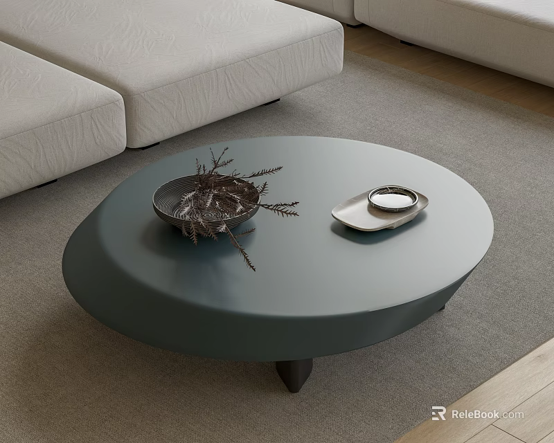 Modern Gray Round Coffee Table With Dried Branches And Tray On Carpet 3d model 