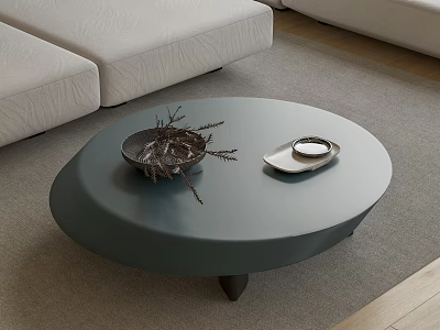 Modern Gray Round Coffee Table With Dried Branches And Tray On Carpet 3d model