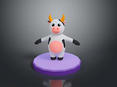 Cute Cartoon Cow Game Character With Yellow Horns Pink Belly And Purple Base 3d model