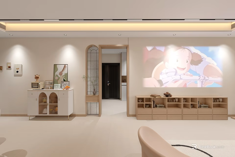 Warm Cream Tone Living And Dining Room Interior With Custom Storage Cabinets And Home Projector 3d model 