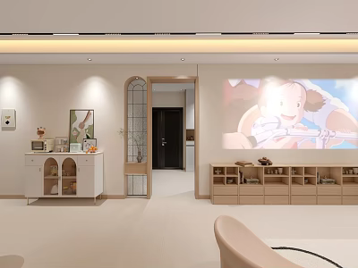 Warm Cream Tone Living And Dining Room Interior With Custom Storage Cabinets And Home Projector 3d model