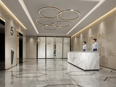 Modern Reception Desk With Marble Counter Receptionists And Circular Ceiling Lights In Lobby 3d model