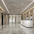 Modern Reception Desk With Marble Counter Receptionists And Circular Ceiling Lights In Lobby