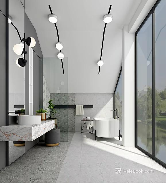 Modern Bathroom Interior With Marble Countertop White Bathtub Large Windows And Pendant Lights 3d model 
