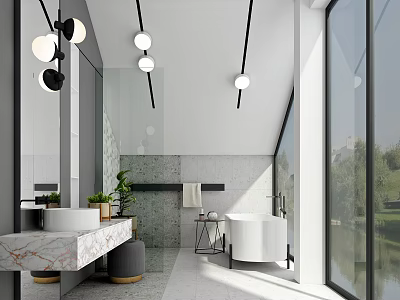 Modern Bathroom Interior With Marble Countertop White Bathtub Large Windows And Pendant Lights 3d model