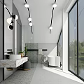 Modern Bathroom Interior With Marble Countertop White Bathtub Large Windows And Pendant Lights