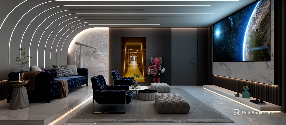 Modern Home Theater Interior With Dark Blue Seating Curved Ceiling And Large Screen TV 3d model 