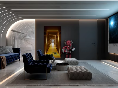 Modern Home Theater Interior With Dark Blue Seating Curved Ceiling And Large Screen TV 3d model