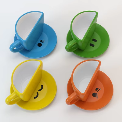 Colorful Ceramic Cups With Smiley Face Prints On Matching Saucers 3d model