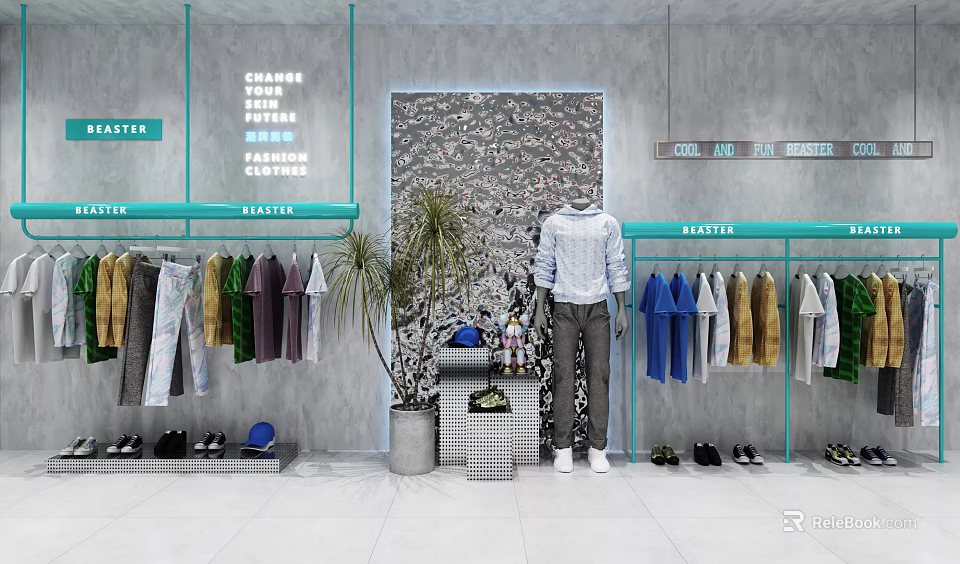 Clothing Store Display Shelves With Hanging Apparel Mannequin Potted Plant And Shoes 3d model 