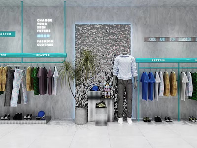 Clothing Store Display Shelves With Hanging Apparel Mannequin Potted Plant And Shoes 3d model