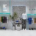 Clothing Store Display Shelves With Hanging Apparel Mannequin Potted Plant And Shoes