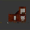 Red Container Building Structure With Sandy Ground Ladder And Platform