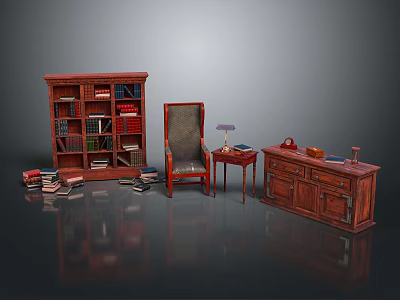 Vintage Wooden Bookcase With Books Chair Side Table And Table Lamp 3d model