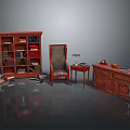 Vintage Wooden Bookcase With Books Chair Side Table And Table Lamp