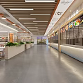 Modern Food Court Interior With Food Display Screens Counter Dining Tables And Bright Lighting