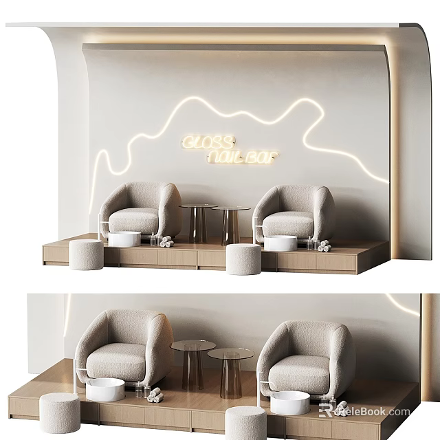 Modern Curved Fabric Leisure Chairs With Side Tables For Elegant Nail Salon Reception Area 3d model 