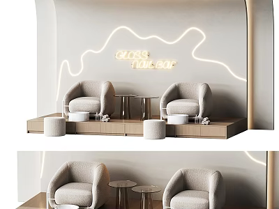 Modern Curved Fabric Leisure Chairs With Side Tables For Elegant Nail Salon Reception Area 3d model