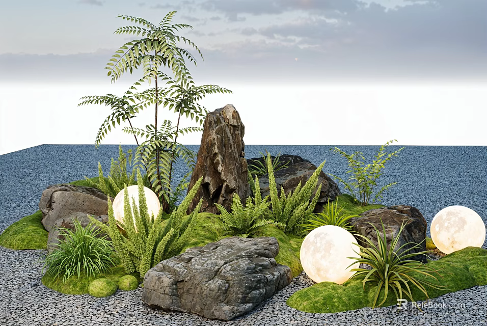 Natural Indoor Landscape With Rocks Wooden Stump Green Plants And Glowing Spheres 3d model 