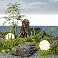 Natural Indoor Landscape With Rocks Wooden Stump Green Plants And Glowing Spheres