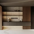 Elegant Modern Wooden Decorative Cabinet With LED Lighting Marble Background Open Shelves And Drawers
