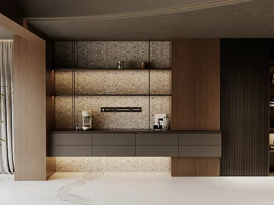 Elegant Modern Wooden Decorative Cabinet With LED Lighting Marble Background Open Shelves And Drawers 3d model