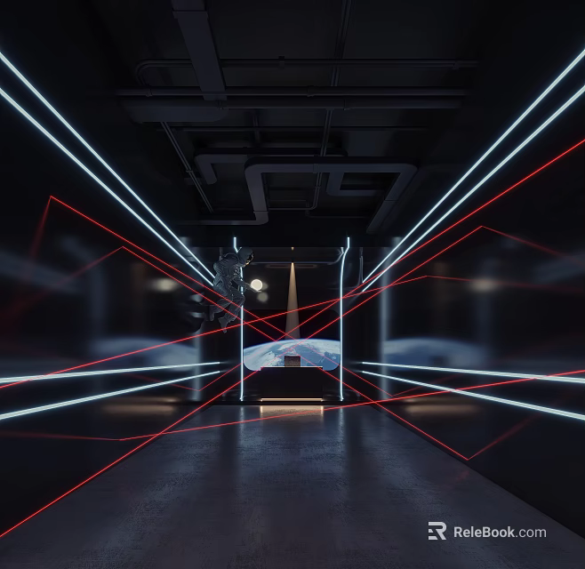 Futuristic Interior Space With Neon Lights Geometric Lines And Central Platform Design 3d model 