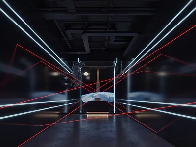 Futuristic Interior Space With Neon Lights Geometric Lines And Central Platform Design 3d model