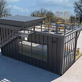 Modern Container Building With Outdoor Terrace Seating Area And Open Counter