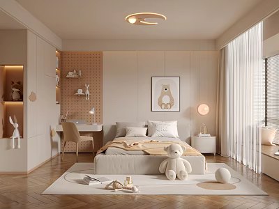 Light Toned Kids Room Interior Design With Bed Plush Toys Desk And Decorative Rug 3d model