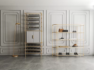 Modern Wine Cabinet With Gold Frame And Open Shelves In Gray Decorative Wall Room 3d model
