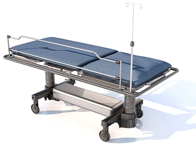 Medical Equipment Patient Transfer Stretcher with Blue Mattress Adjustable Metal Frame IV Pole and Wheels 3d model
