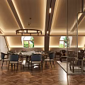 Luxurious Chinese Private Room Interior With Wooden Furniture Round Table Pendant Lights And Greenery