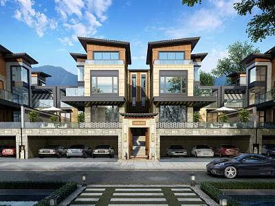 Modern Luxury Townhouse Exterior With Balconies Parking Spaces Mountain View And Greenery 3d model