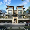 Modern Luxury Townhouse Exterior With Balconies Parking Spaces Mountain View And Greenery