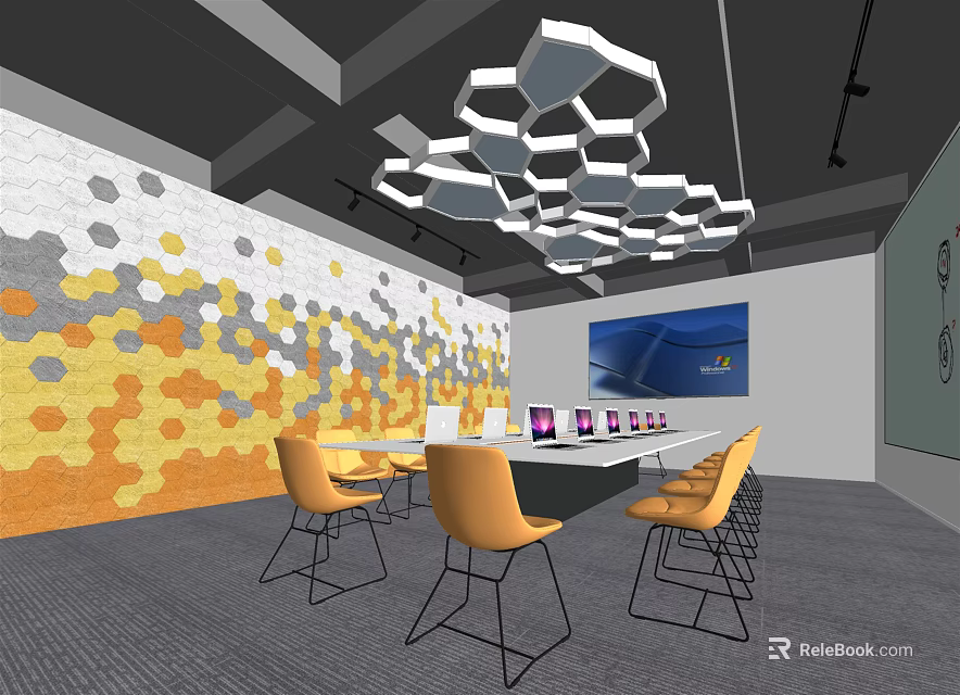 Modern Conference Room Interior With Geometric Wall Hexagonal Lights Yellow Chairs Laptops And Large Screen 3d model 