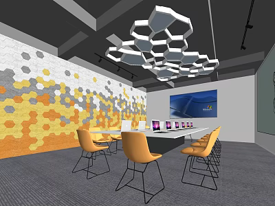 Modern Conference Room Interior With Geometric Wall Hexagonal Lights Yellow Chairs Laptops And Large Screen 3d model