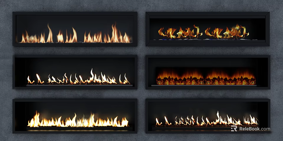 Six Modern Fireplace Designs Featuring Various Flame Effects on Dark Wall Background 3d model